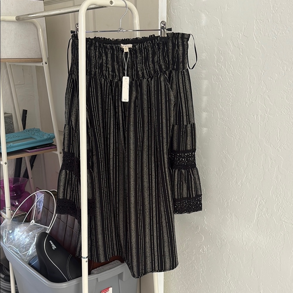 Black and Gray Striped Off-Shoulder Dress
